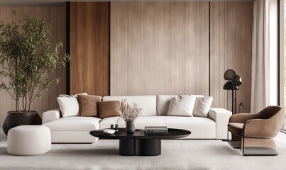 Modern Living Room in Beige and Gray, AI generated illustration
