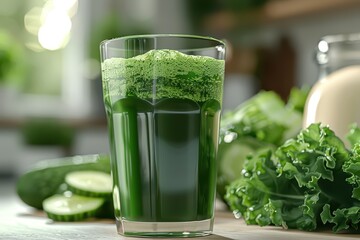 Fototapeta premium Fresh green smoothie in a glass, made from kale, cucumber, and healthy ingredients on a wooden table.
