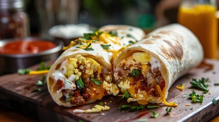 Two breakfast burritos with eggs, sausage, cheese, and sour cream on a wooden cutting board.