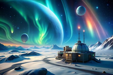 Aurora borealis over arctic research base with planets and stars in night sky