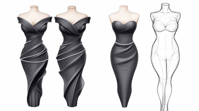 Three different dresses are shown on a mannequin and in front of the computer, AI