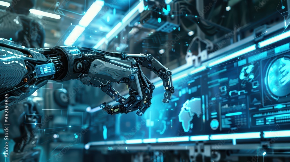 Poster futuristic robotic hand interacting with a digital display showcasing global data and technology adv