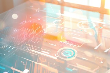 Naklejka premium Futuristic technology interface with digital data visualization on a glass surface, symbolizing innovation and connectivity.