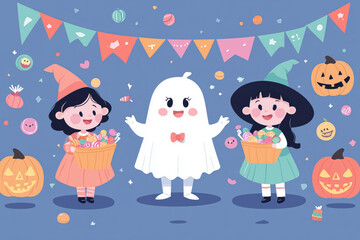 Happy ghost and cute witches enjoying Halloween with candy and festive decorations