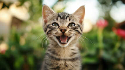 A happy kitten with its mouth open, as if laughing, against a background of green nature. Its facial expression radiates happiness and playfulness
