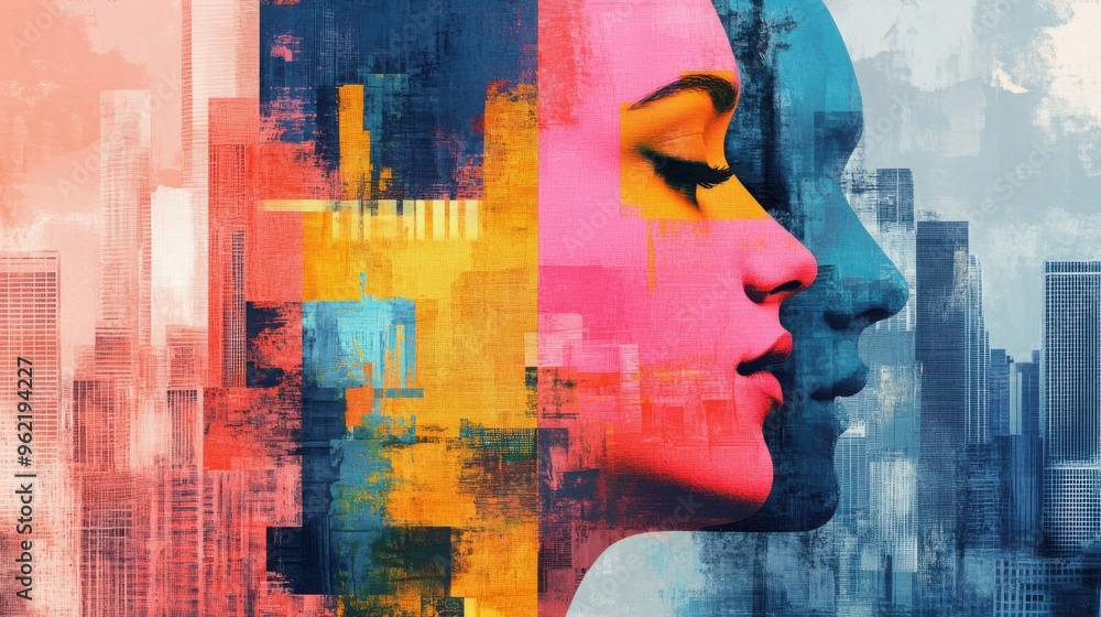 Poster vibrant cityscape merging modern architecture with abstract faces symbolizing diversity and unity, e