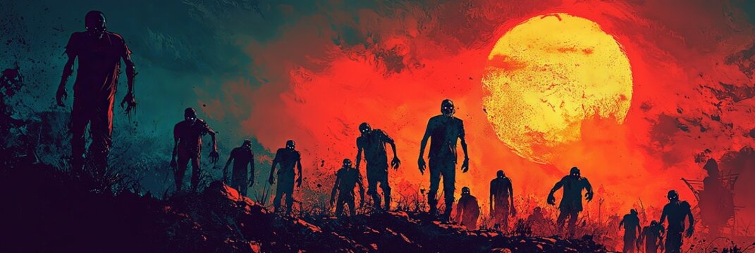 Silhouetted zombies advance across rocky terrain towards the viewer, with a large setting sun casting an intense red hue across the sky, indicating danger and horror.