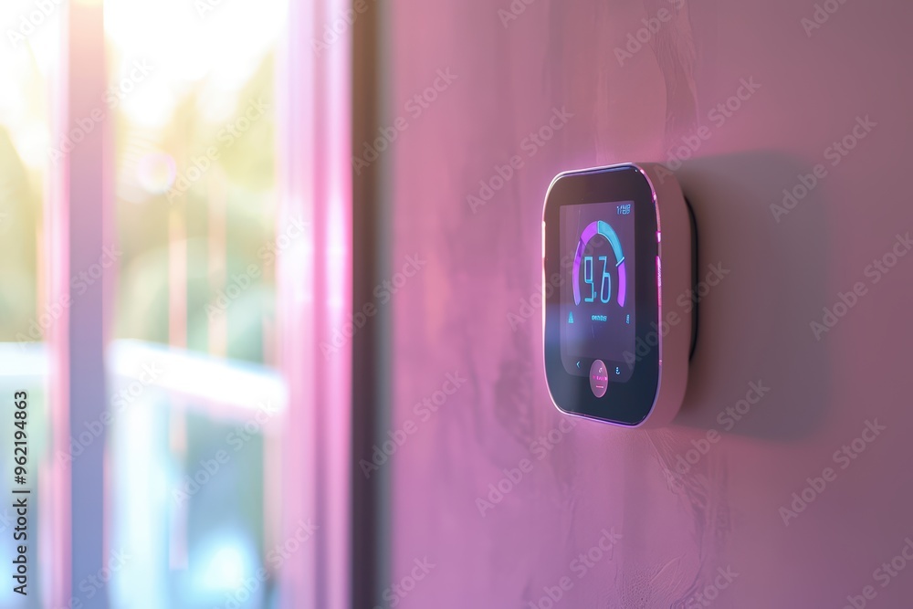 Poster stylish smart thermostat displaying temperature settings on a modern wall, illuminated by soft ambie