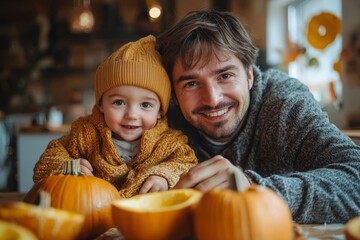 A father and his son are happily engaged in carving pumpkins, enjoying a fall afternoon in a warm, inviting indoor atmosphere.