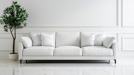 A white sofa with pillows sits in a minimalist living room with a white wall and marble floor, and a potted plant in the corner.