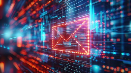 Fototapeta premium Vibrant digital background showcasing an illuminated email icon amidst moving data streams, representing communication and technology.