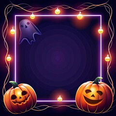 square halloween frame featuring pumpkins, ghosts, and webs on dark blue backdrop