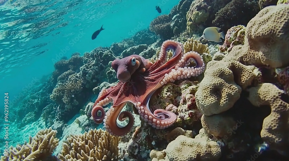 Poster   An octopus perched atop a coral, lush with seaweed, amidst a cluster of ocean creatures