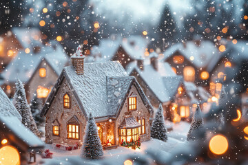 Fototapeta premium A Winter Wonderland: Cozy Cottages Glimmer with Warm Lights as Snow Falls Gently, Creating a Magical Christmas Eve Atmosphere.