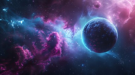 A cosmic scene where deep maroon planets are surrounded by a glowing aura of aqua blue light, floating in a dark galaxy