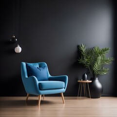 blue chair against a black wall 