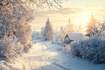 Obraz premium A picturesque winter wonderland, with snow-covered houses and a church spire, bathed in the golden glow of sunrise.