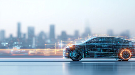 A highly detailed illustration of an autonomous vehicle navigating through a smart city, with glowing sensors and data streams representing its connection 