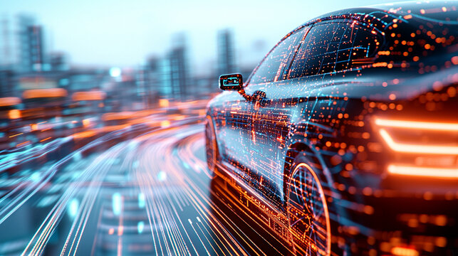 A highly detailed illustration of an autonomous vehicle navigating through a smart city, with glowing sensors and data streams representing its connection 