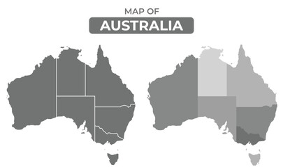Greyscale Australia political map with borders outline style vector illustration set