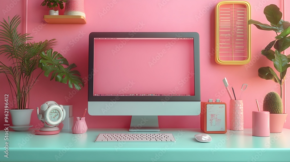 Poster minimalist pink and green workspace with a blank computer screen.
