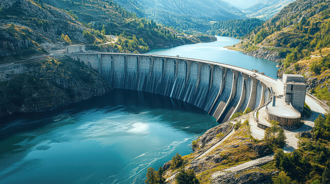 A large dam spans a river, with a bridge over the water