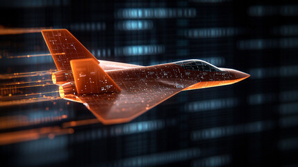 A futuristic fighter jet rendered in a holographic design, ready for deployment in a high-stakes tech war