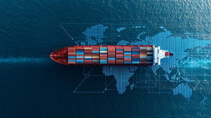 Aerial view of a container ship at sea, with a digital map overlay showing export control 