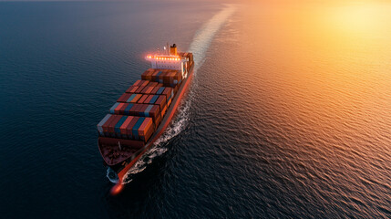 Aerial view of a container ship at sea, with a digital map overlay showing export control 