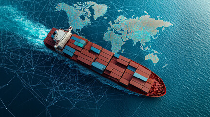 Aerial view of a container ship at sea, with a digital map overlay showing export control 
