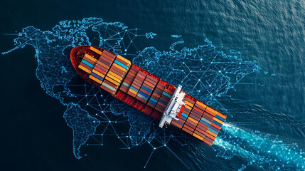 Aerial view of a container ship at sea, with a digital map overlay showing export control 