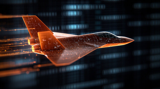 A futuristic fighter jet rendered in a holographic design, ready for deployment in a high-stakes tech war