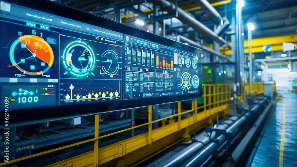 Poster digital screen shows data on a modern factory's efficiency and productivity, using advanced technolo
