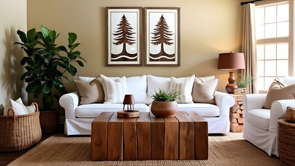 Cozy and Earthy Decor Design a cozy living room with a warm and inviting atmosphere.