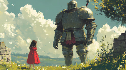 Big knight and little girl. Knight. Illustration