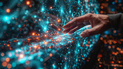 A businessman interacting with holographic virtual screens featuring internet technology and network 