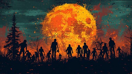 Silhouetted zombies walking against the backdrop of a blazing orange full moon, set in a dark and eerie landscape conveying a sense of dread and foreboding.