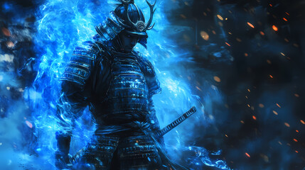 Enveloped in a cascade of ethereal blue lights, this samurai armor stands as a bridge between the ancient traditions and the digital era. Samurai. Illustration