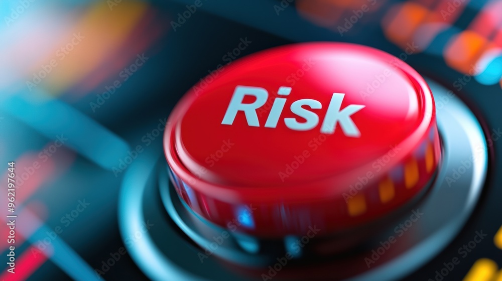 Poster a close up of a red button with the word risk on it, ai