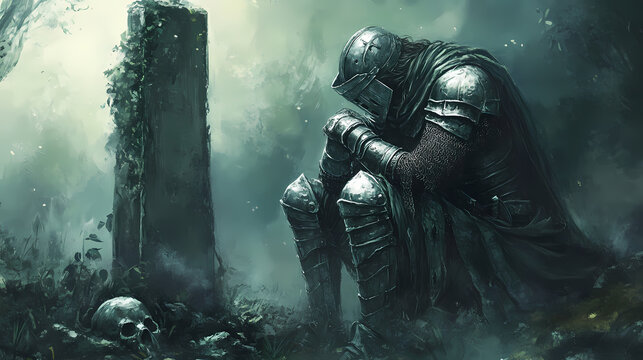 Fantasy art of graveside knight kneels, pray whispered to dead friends and victims. Knight. Illustration