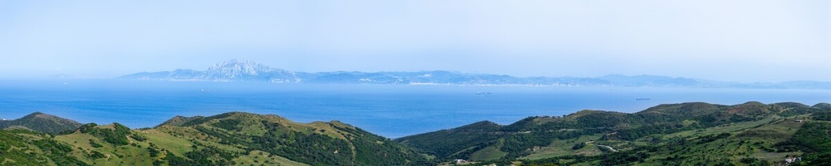 Panoramic view of Gibraltar Strait from Spanish side in Tarifa, Spain