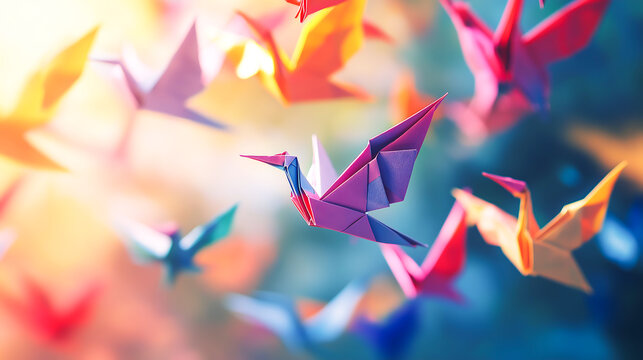 Colorful origami folded paper cranes. Origami birds. Colorful paper birds (origami birds)