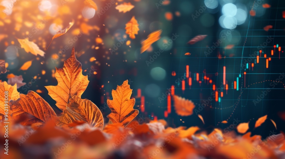 Poster a dynamic image of autumn leaves swirling in the air, juxtaposed with a stock market chart overlay. 