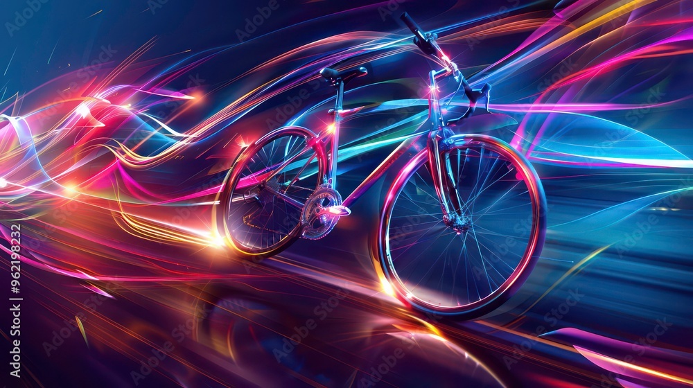 Poster a sleek bicycle with vibrant streaks of light in the background, creating a dynamic and futuristic f