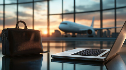Business travel essentials at airport, laptop and briefcase on table with airplane in background, remote work, productivity on the go, professional travel, modern office setup, work trip

