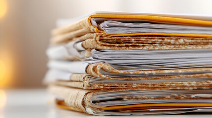 A neat stack of business reports and documents on a clean, white desk.