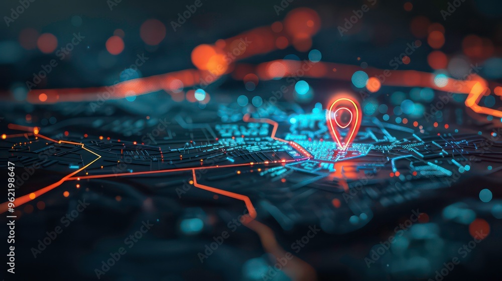 Poster a glowing red pin marker on a digital map with a path of glowing lines, depicting a location on a ma