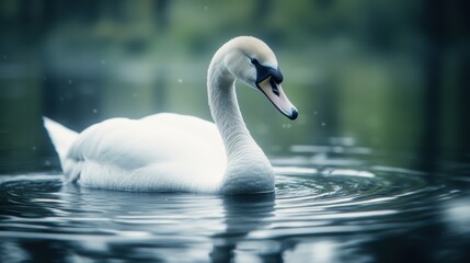 Obraz premium A white swan swimming in a lake with trees and water, AI