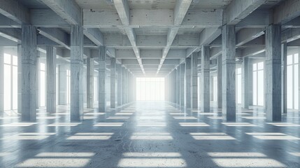 Obraz premium Modern Huge Concrete Material Empty Hall With Many Columns And Big White Glowing Windows Wallpaper Space For Text 3D Rendering