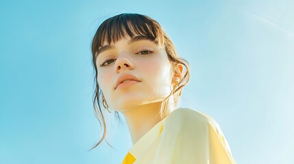 Young woman with a yellow shirt looks at the camera against a blue sky.